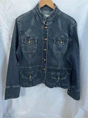 Jessica Faded Blue Denim Military-Style Jacket with Brass Buttons